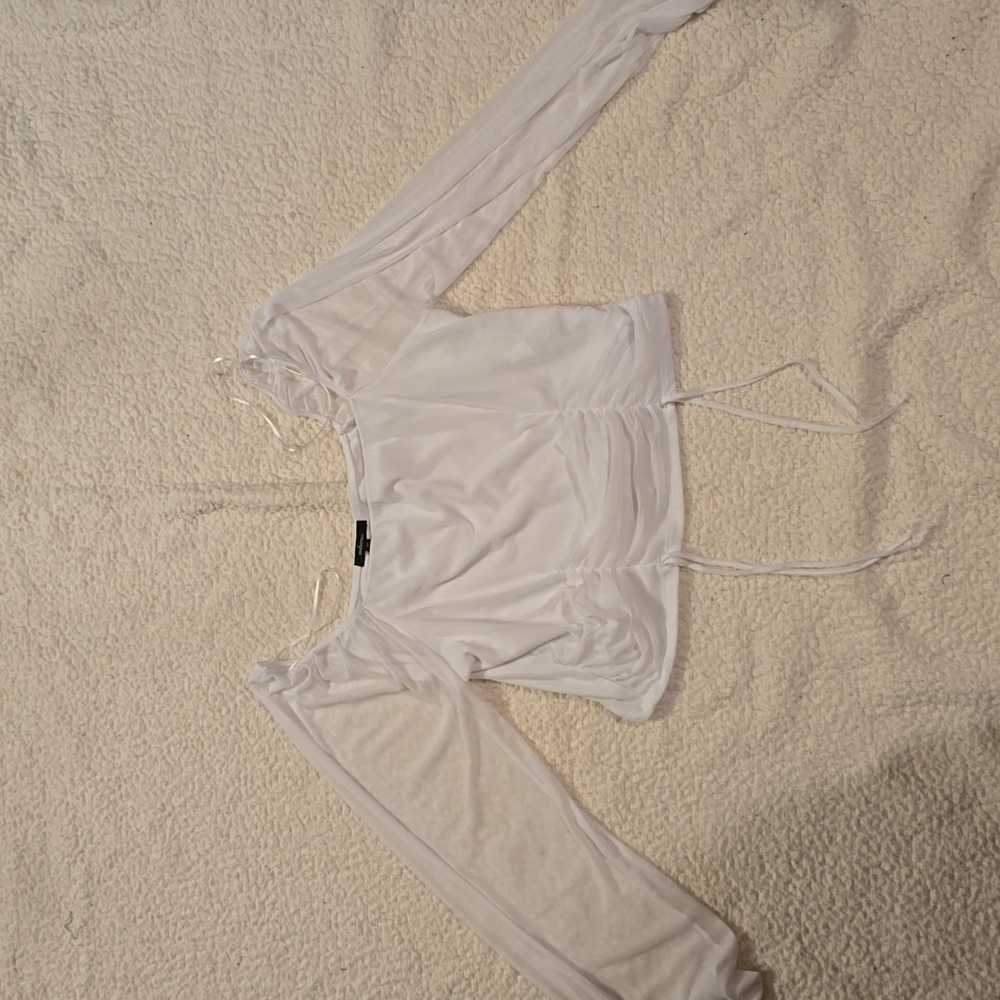 White crop top with mesh long sleeves